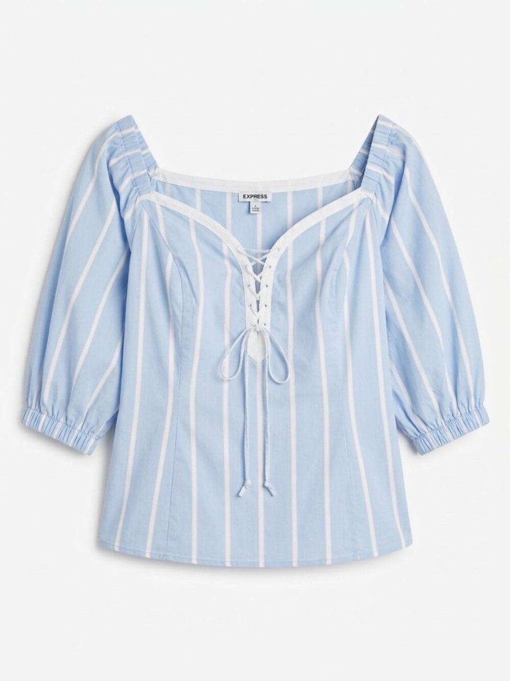 Express Top L Blue Striped Bustier Corset Lace Up Puff Sleeeves